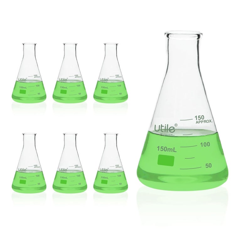 UTILE Erlenmeyer Glass Flask, 6pcs 150ml Glass Erlenmeyer Flask Set, Borosilicate 3.3 Glass Conical Flasks for Laboratory with Printed Graduation,4016.0150.6 - Image 1
